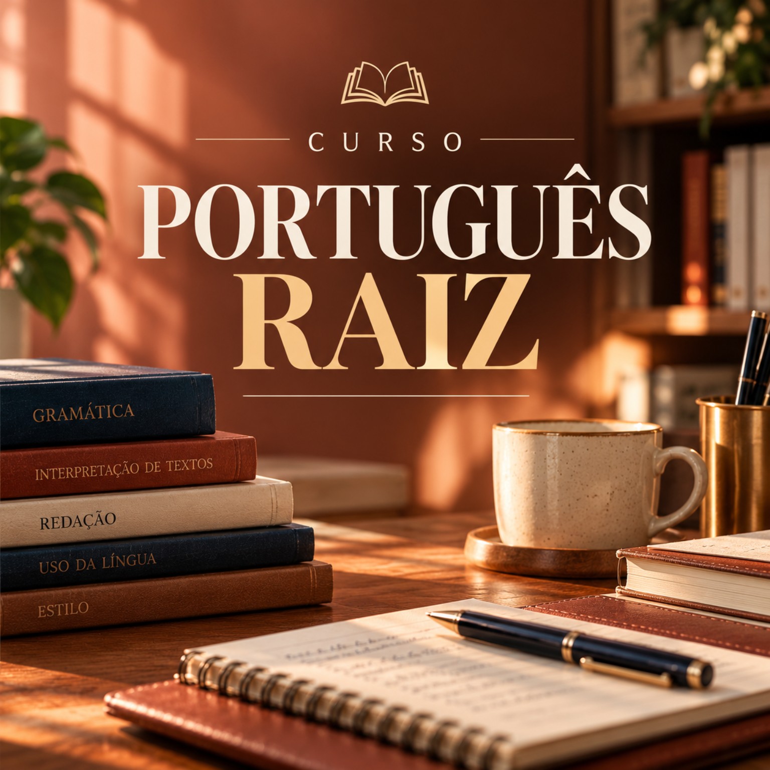 Português Raiz em uma mesa de estudos com livros, caderno e café, em tons de terracota, creme e dourado